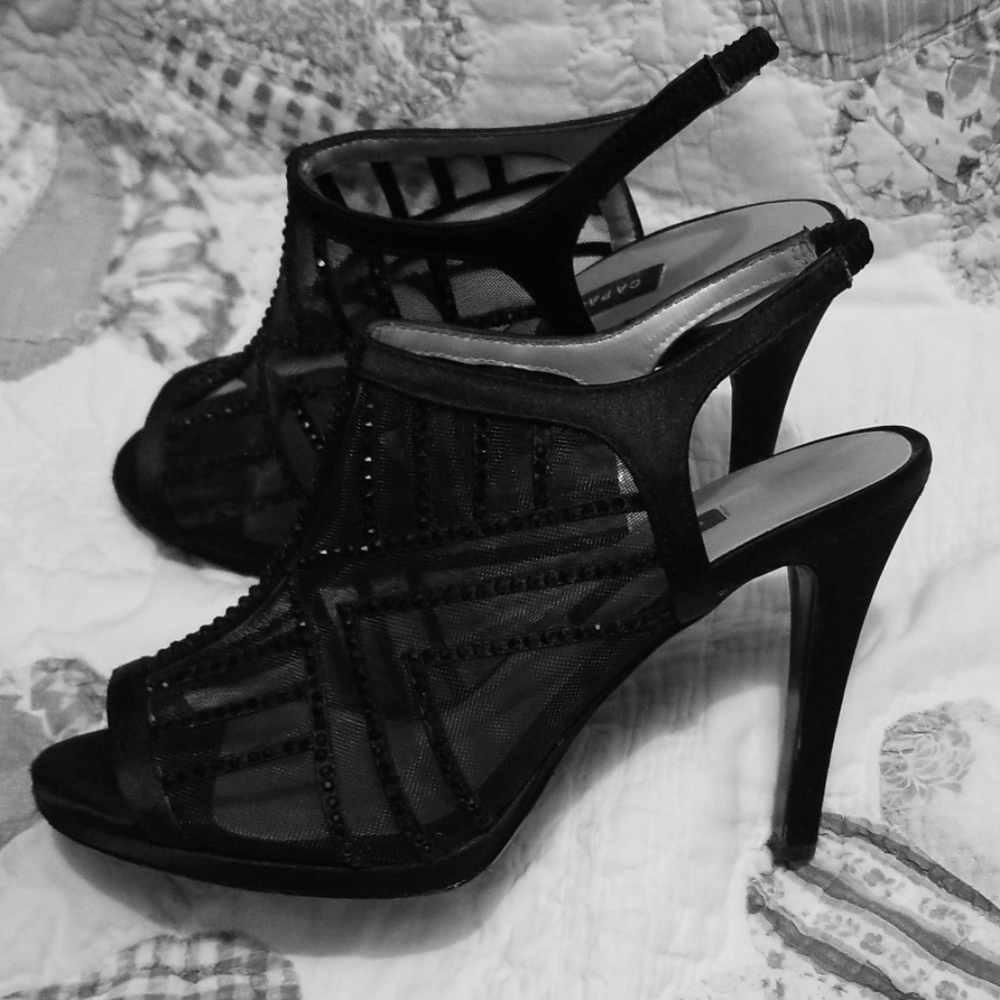 Sheer black rhinestone booties